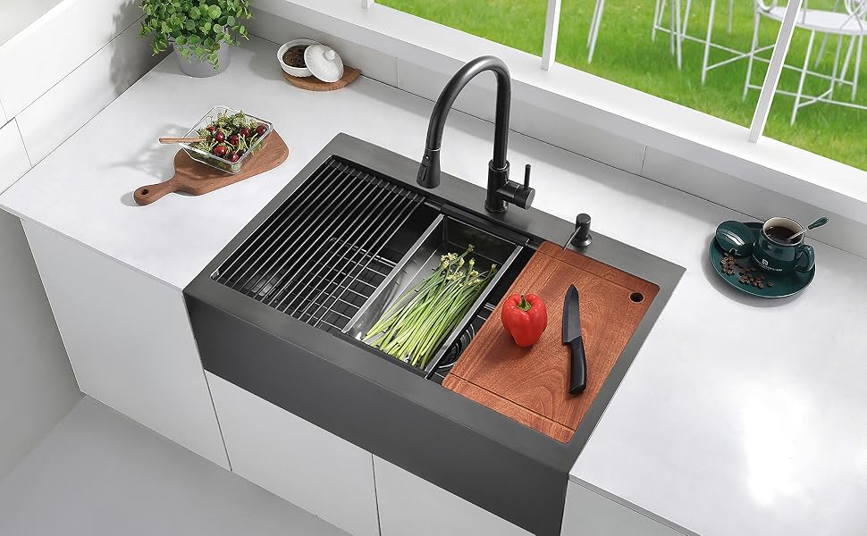 33 Black Drop In Kitchen Farmhouse Sink, Luckyhorse 16 Gauge