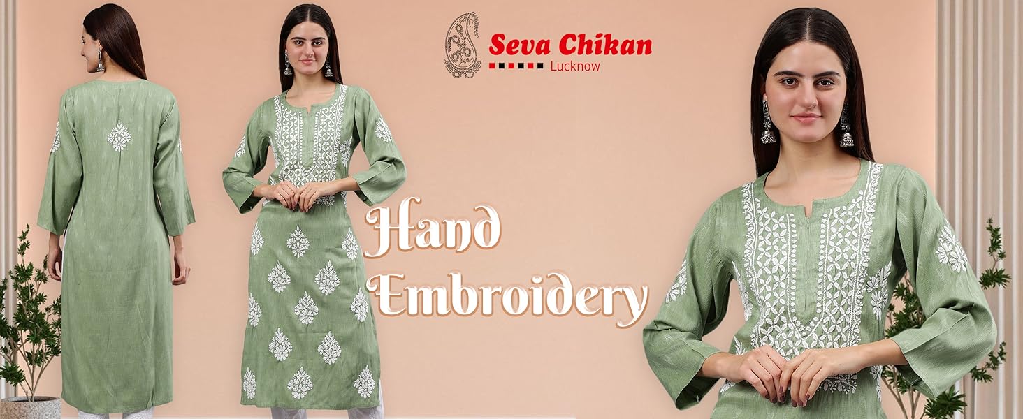 Seva Chikan Hand Embroidered Green Rayon Lucknowi Chikankari Kurta -SCL4589