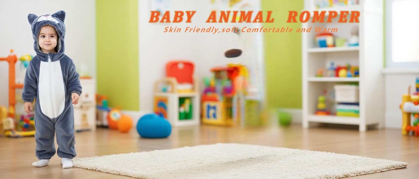 Text reads 'BABY ANIMAL ROMPER'. Child-sized costume displayed in colorful playroom setting with toys visible in background.