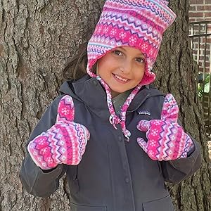 girls kids hat gloves winter snow set fleece warm winter cold weather youth