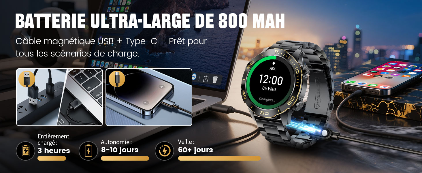 Le texte indique « BATTERIE ULTRA-LARGE DE 800 MAH ». Affichage technique du produit montrant les spécifications de la batterie et les mesures de performance sur fond sombre