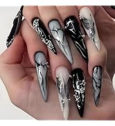 SINHOT Stiletto Press on Nails - Long Fake Nails, Glossy Finish, Black Butterfly & Gothic Style, ...