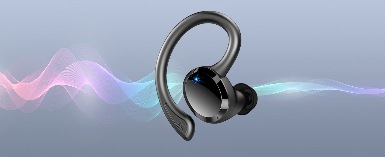 Wireless earbud with ear hook design, shown against a blue and pink wavy background. Single black earbud visible.