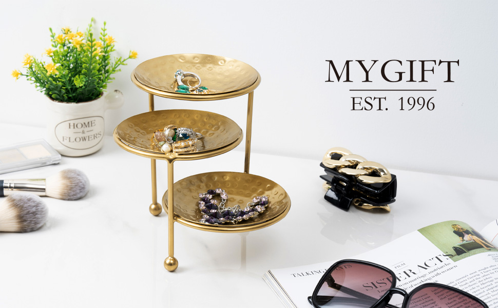 Jewelry Dish Organizer Hammered Brass Metal Ring Tray, Earring, Necklace Storage Display Tower
