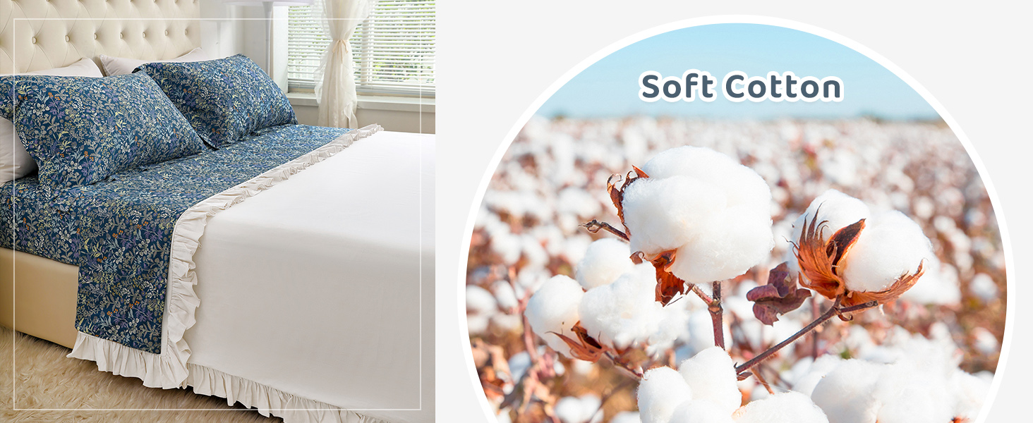 QSH 100 Cotton Sheets for Queen Size Bed Blue Floral Plant Pattern Botanical