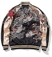 Sukajack Reversible Dragon Embroidery Bomber Jacket Satin Full-Zip Streetwear Japanese Style Over...