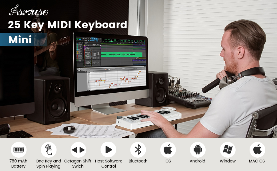 Asmuse 25 Key USB MIDI Keyboard, Bluetooth Sensitive Keys