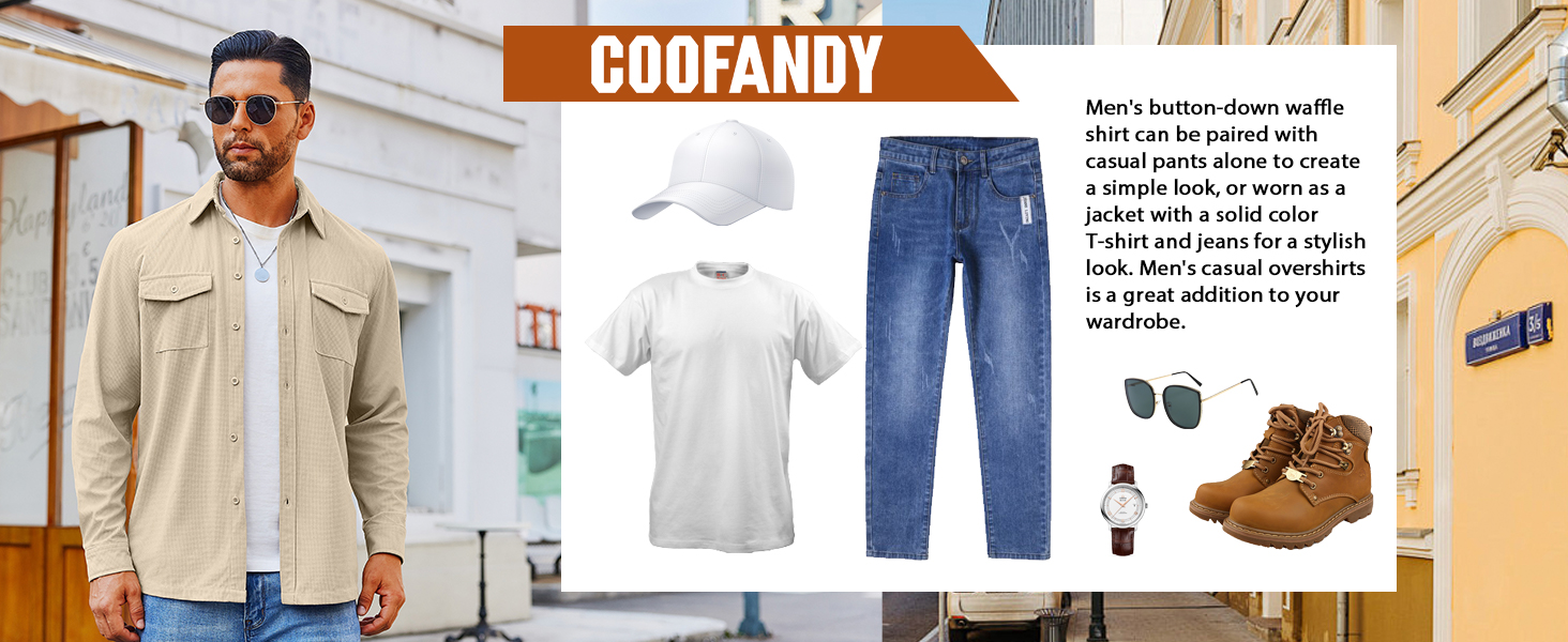 men waffle casual button down shirts long sleeve with pockets