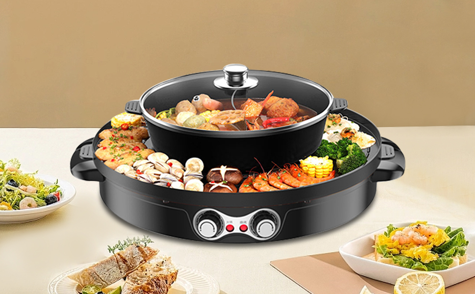 Hot Pot with Grill, 2 in 1 Barbecue Grill Pot Electric Shabu Shabu Smokeless
