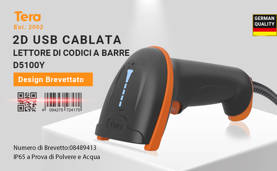 Tera D5100 - Lettore Codici A Barre Wireless 1D/2D/QR, Batteria 2000mAh, Con Indicatore Livello