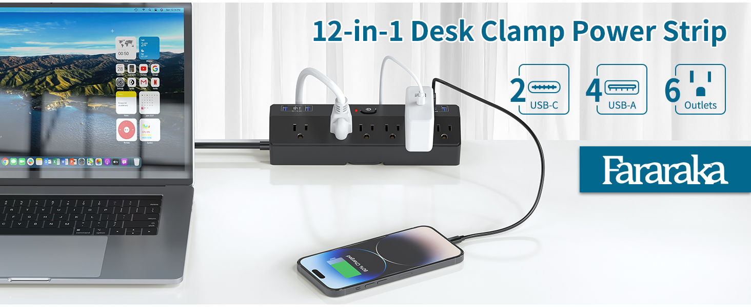 40W Desk Clamp Power Strip USB C,10FT Desk Extension Cord Fararaka Desk Power Strip Surge Protector