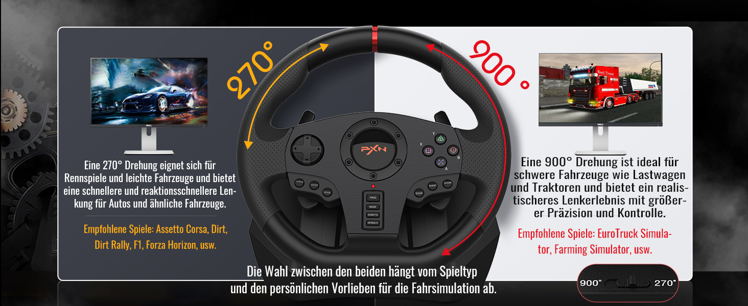PXN V900 Gaming Lenkrad, PC Lenkrad mit Pedal, 270/900° Lenkbereich, Vibrationen Feedback