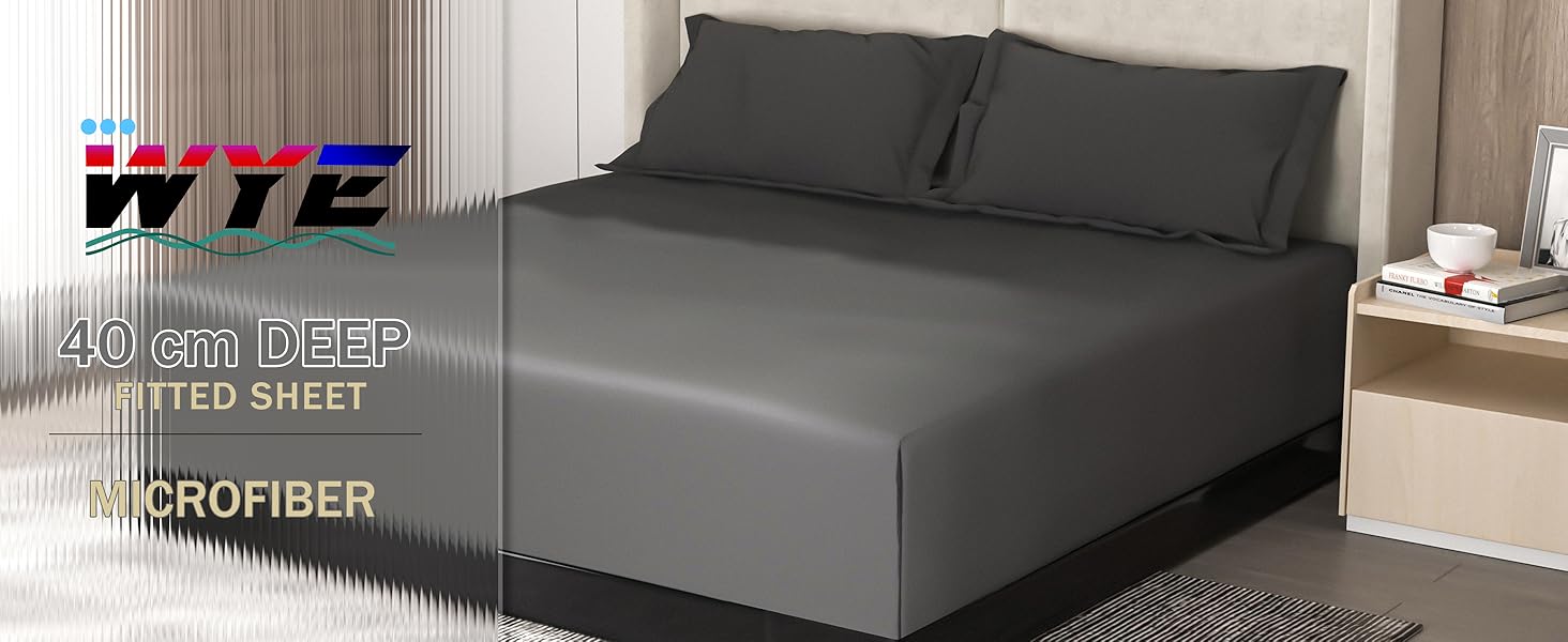 wyewye Fitted Sheet King, Deep Grey, 150x200 cm with 40 cm Deep Pocket