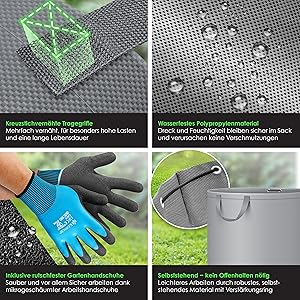 Samenstelling van vier panelen met beschermende eigenschappen: waterdicht gaasmateriaal, waterparels op het oppervlak, blauwe werkhandschoenen en een close-up van waterbestendig