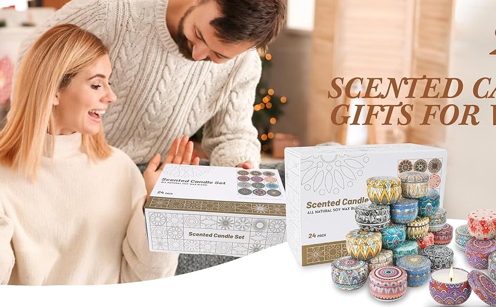 24-pack of scented candles in various colors and designs. Gift set displayed with couple examining product in background.
