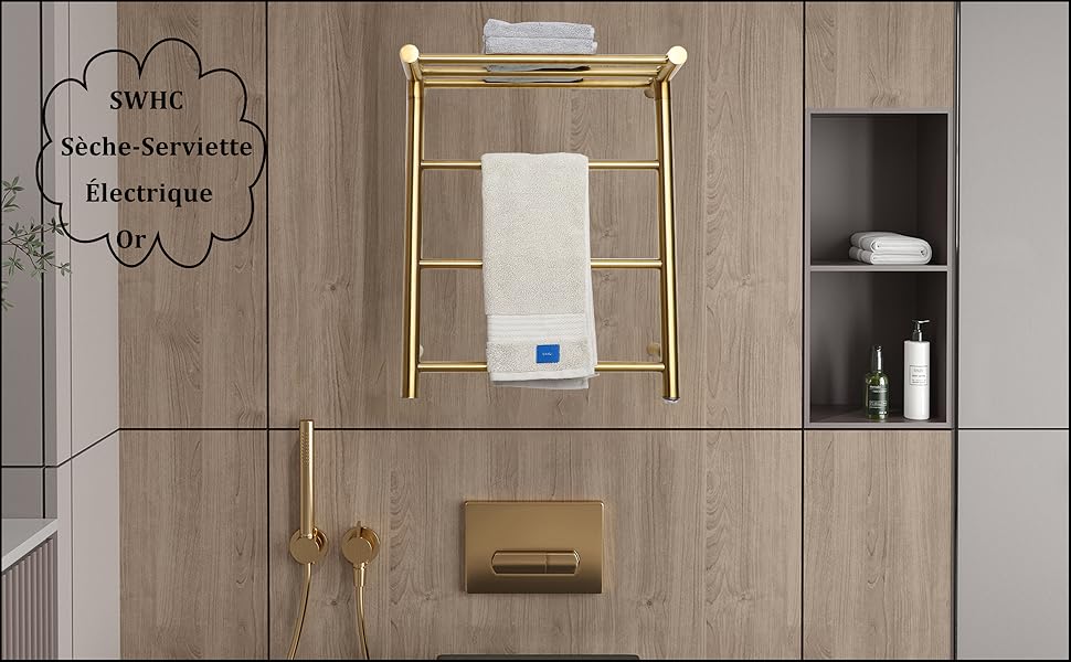 Sèche-Serviette Électrique Or, Chauffe-Serviettes Porte-Serviettes Chauffant Électrique Mural Acier Inoxydable Radiateur De Salle De Bain, 600x480mm, 35 W, Style B 10 Sèche-Serviette Électrique Or