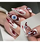 IMRAIN Halloween Press on Nails Long Stiletto, Red White Acrylic Full Cover Fake Nails, Blood Spl...