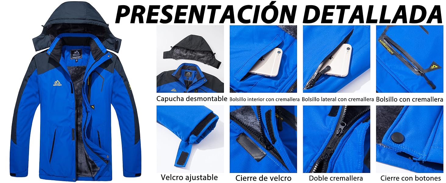 Hombres Abrigos Invierno Cálido Chaqueta de lana impermeable Senderismo Esquí Chaqueta con capucha