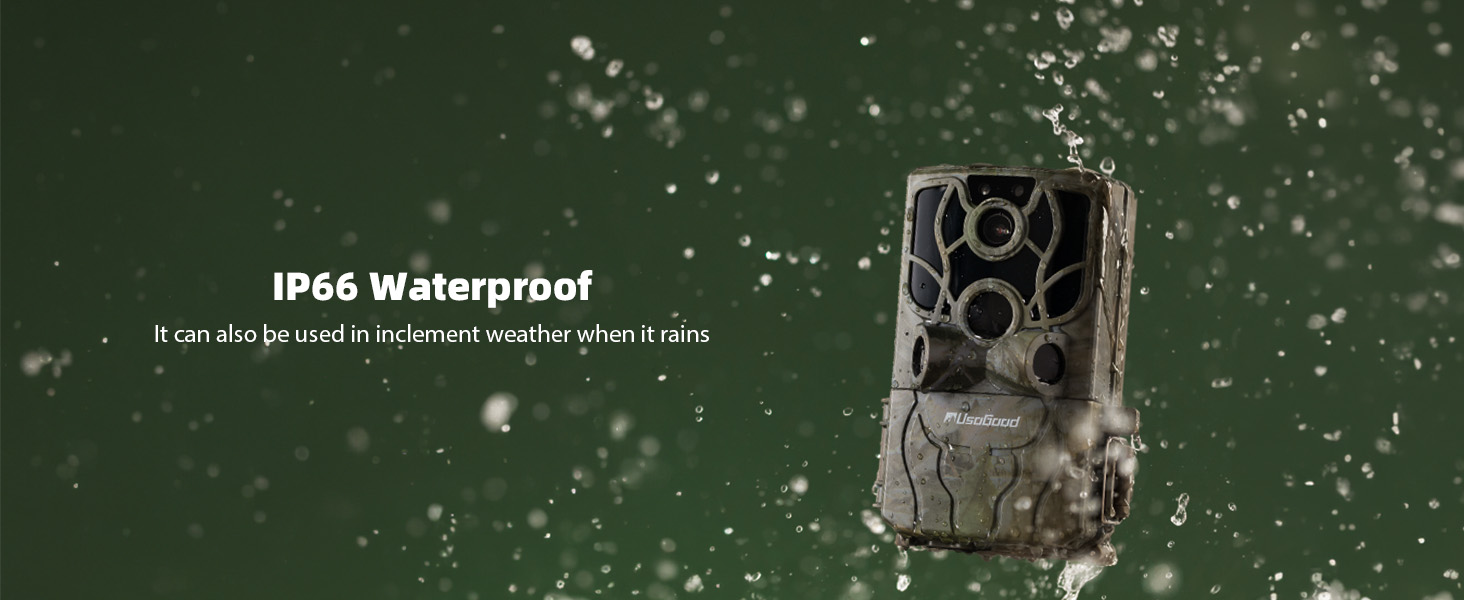 Trail camera with IP66 waterproof rating shown with water droplets splashing against dark green background, demonstrating its weather resistance capabilities.