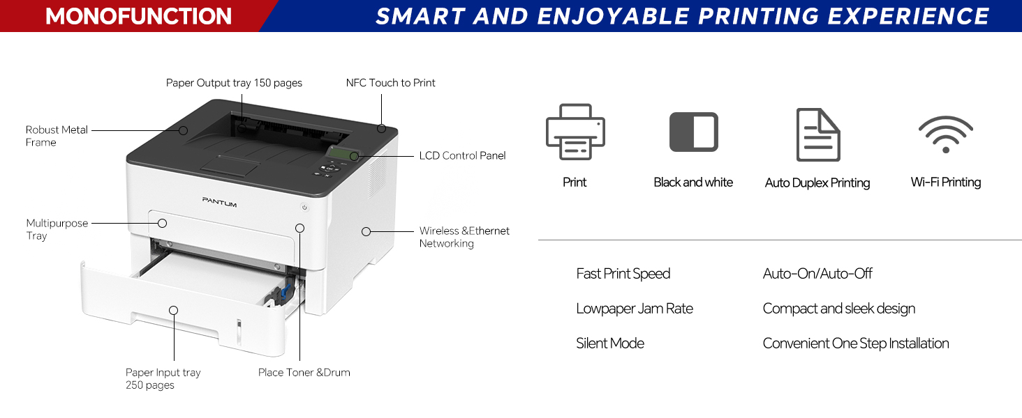 Pantum P3018DW Wireless Laser Printer,Monochrome Auto Duplex Laser Printers WiFi 30 ppm for Home