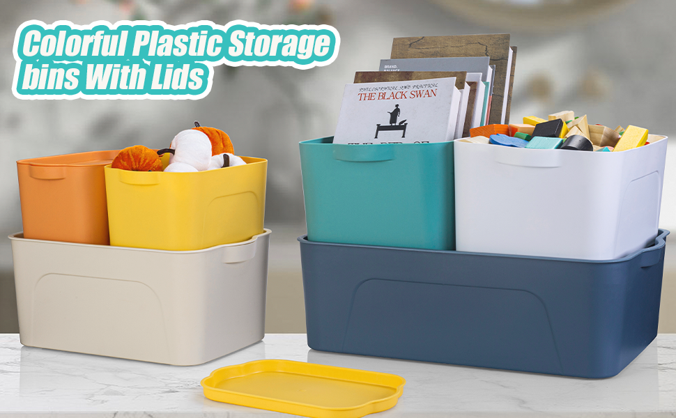 10Pack Colorful Storage Bins with Lid and Handle, Plastic