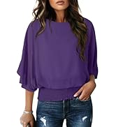 Dokotoo Women Blouses Dressy Casual 3/4 Length Sleeve Womens Tops Boat Neck Batwing Dolman Top