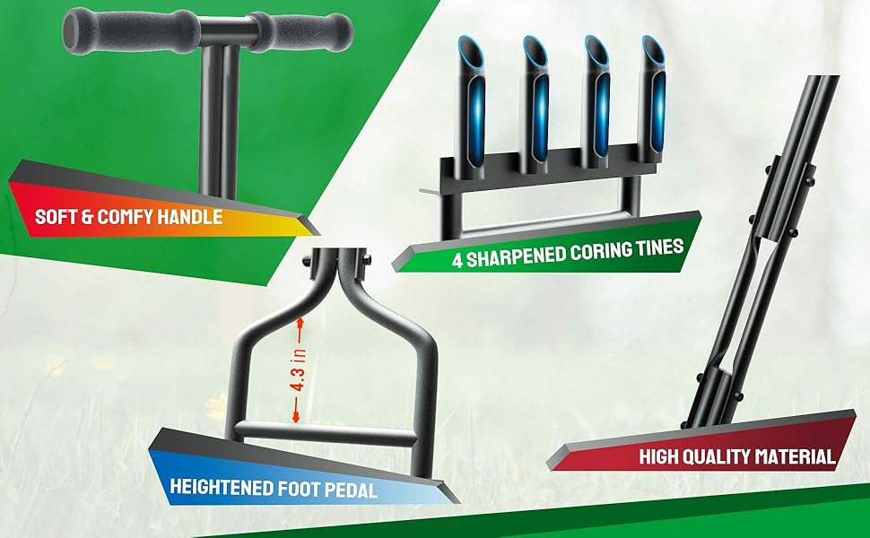 EEIEER Lawn Aerator, Upgraded Lawn Coring Aerator Tools with 4 Hollow