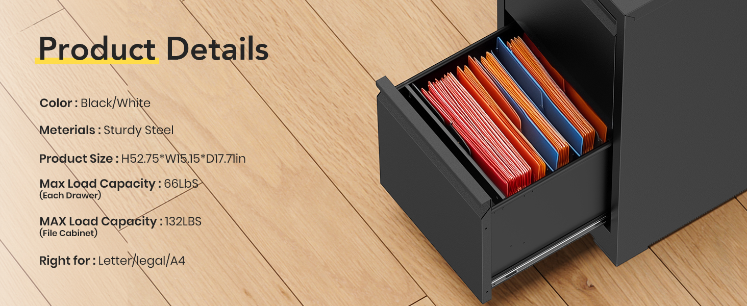 2 Drawer File with Lock, Vertical Metal Filing