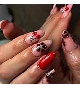 24Pcs French Tip Press on Nails Medium Almond Fake Nails with Designs Cherry Glue on Nails Flower...