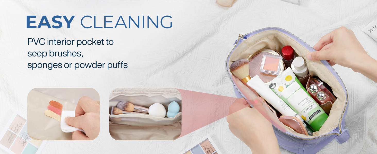 a woman's hand holding a large cosmetic bag with a pink label that says ` ` everything''.