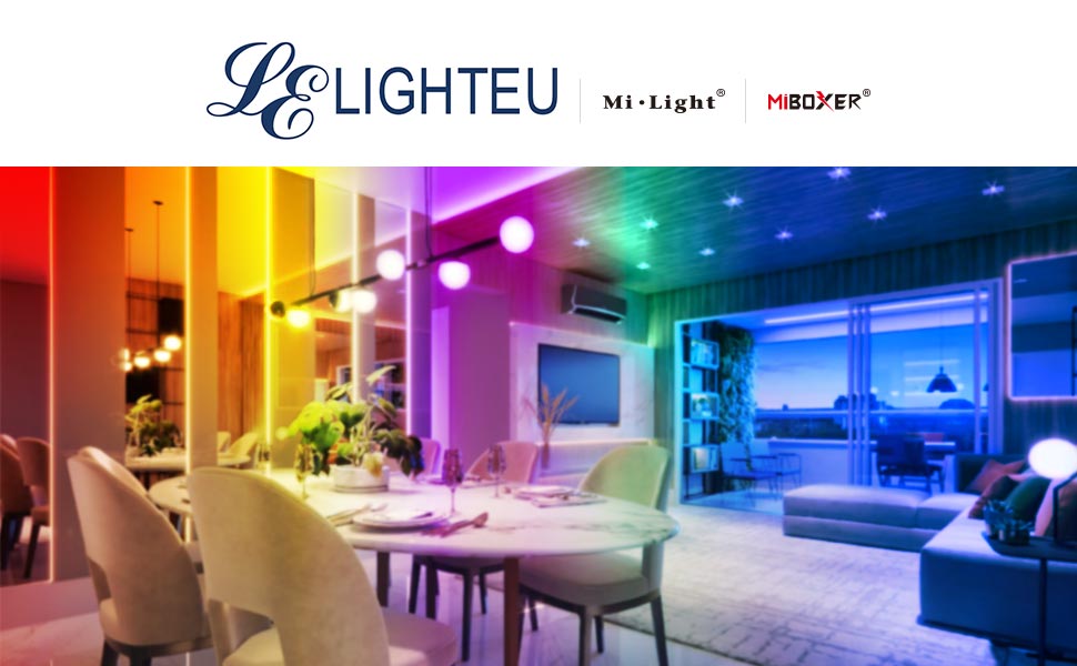 Der Text lautet „LIGHTU“. Reihe von Innenräumen, die mit bunter LED-Beleuchtung beleuchtet sind und in verschiedenen Räumen ein Regenbogenspektrum von Rot bis Violett zeigen.