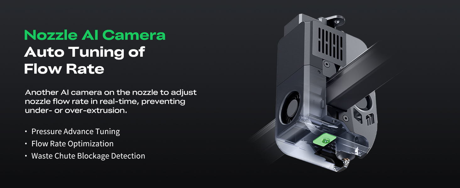Text reads 'Nozzle AI Camera' and 'Auto-Turning of Flow Rate'. Technical diagram showing camera setup and measurement system components.