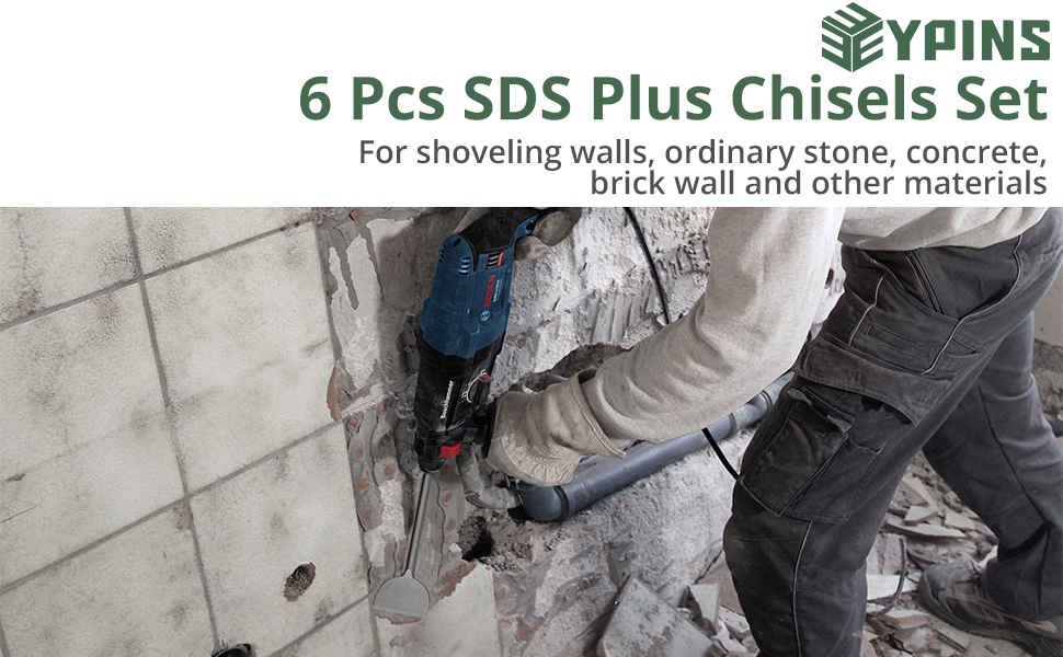 EYPINS 6Piece SDS Plus Chisels Set 15mm75mm, Tile Chisel, 3 Pcs Flat