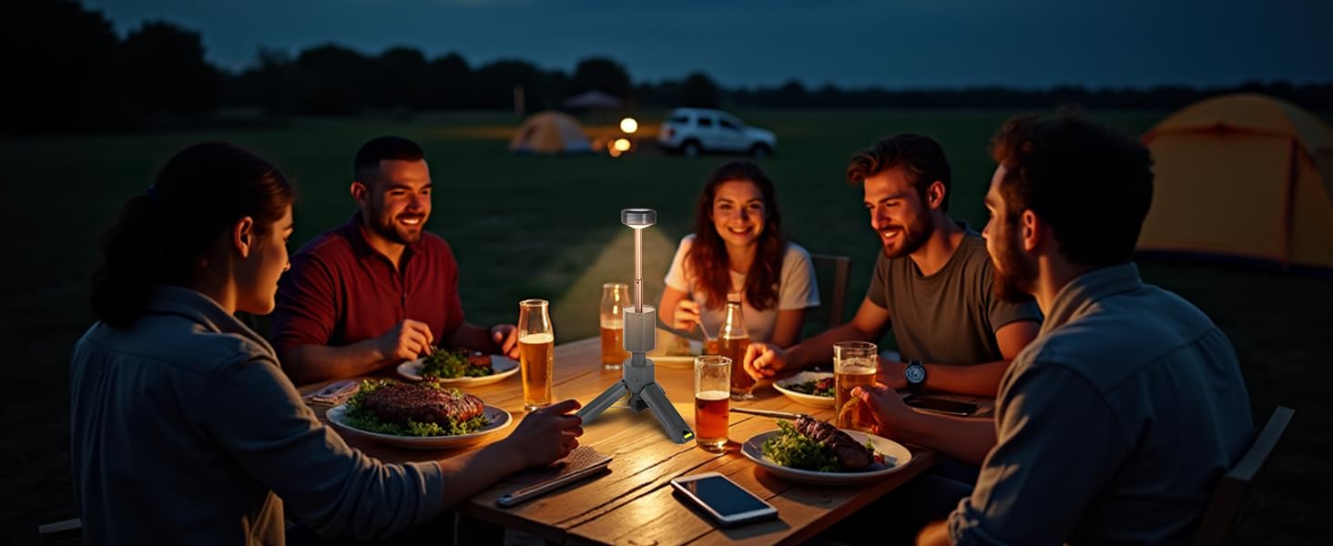 Telescoping camping light on camping table