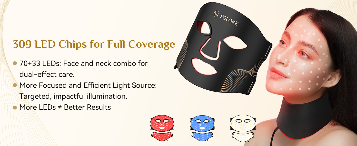 LED face mask with 509 chips for full coverage. Features face and neck combo, efficient light source, and targeted illumination. Available in red, blue, and white light options.
