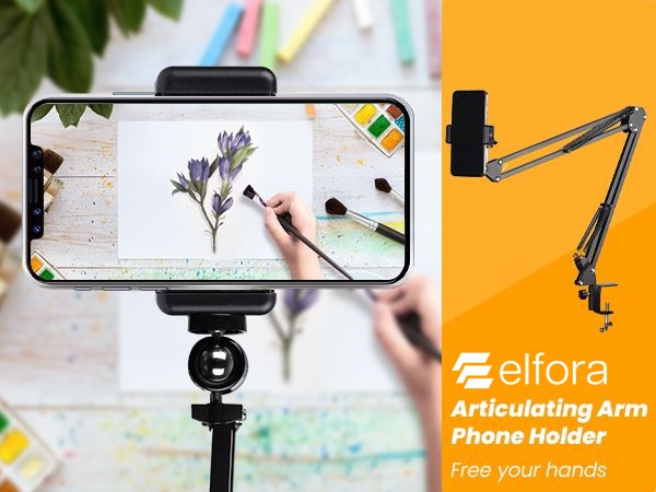 Elfora Adjustable Overhead Mobile Phone Holder with Long Arm for Video Recording, Streaming, Office Use, Cooking, Crafting Videos Compatible with Devices Up to 4-7 Inches (Black)