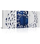 sechars Fish Canvas Wall Art Abstract Fish Dancing Painting Prints Modern Blue and White Bathroom...