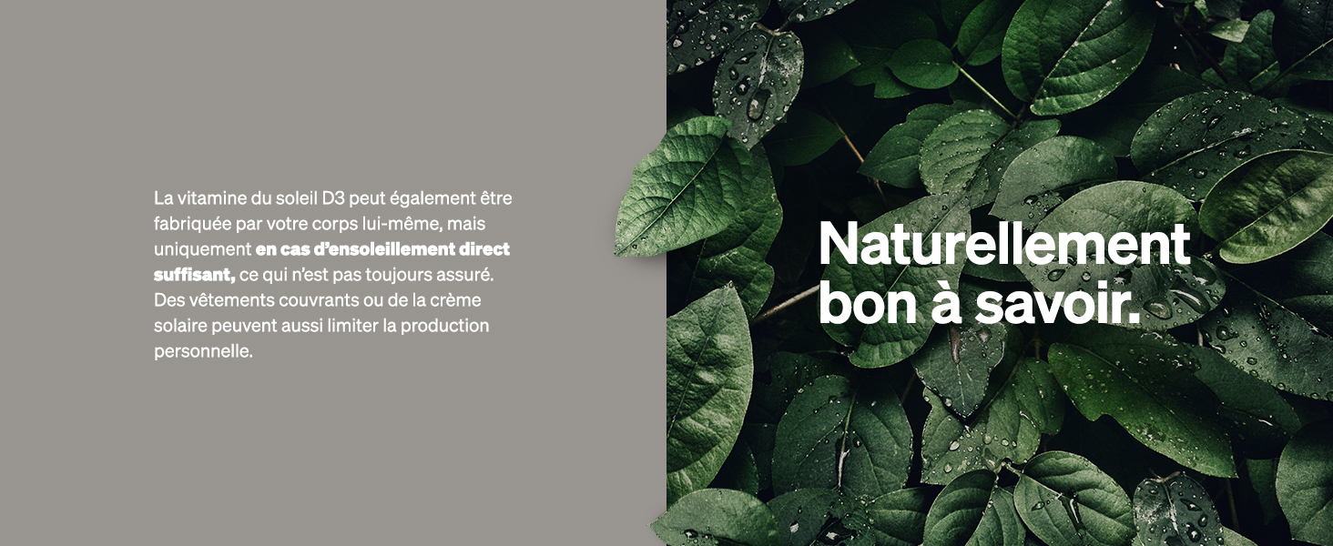 Gros plan de feuilles vertes avec des gouttelettes d'eau. Texte français « Naturellement bon à savoir » superposé sur