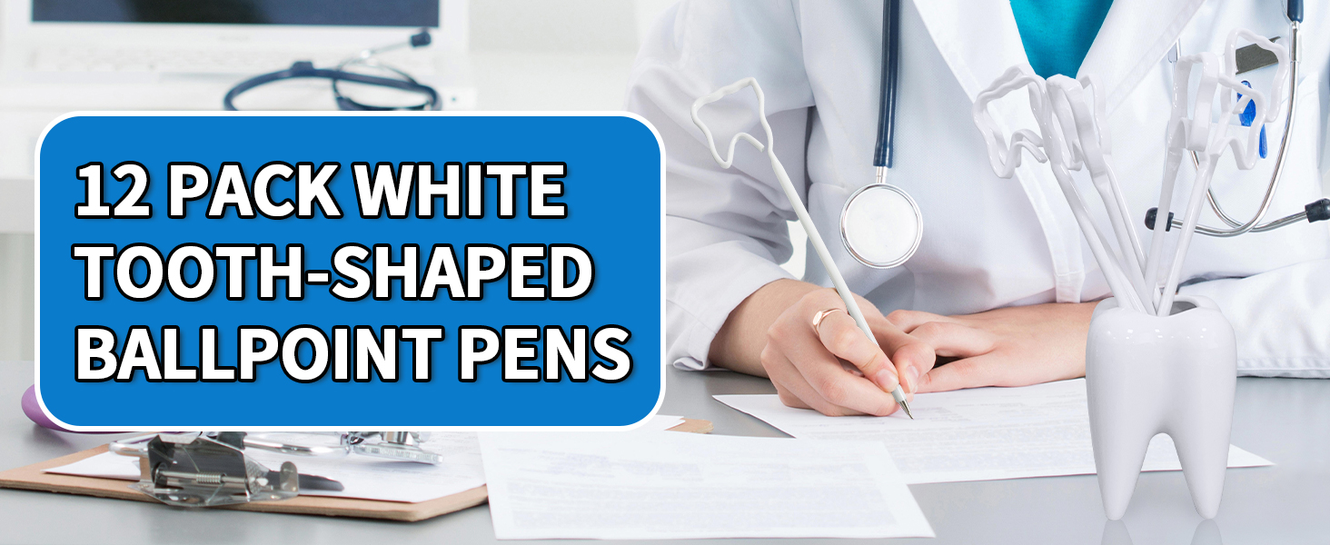 12 Pack White Tooth-Shaped Ballpoint Pens