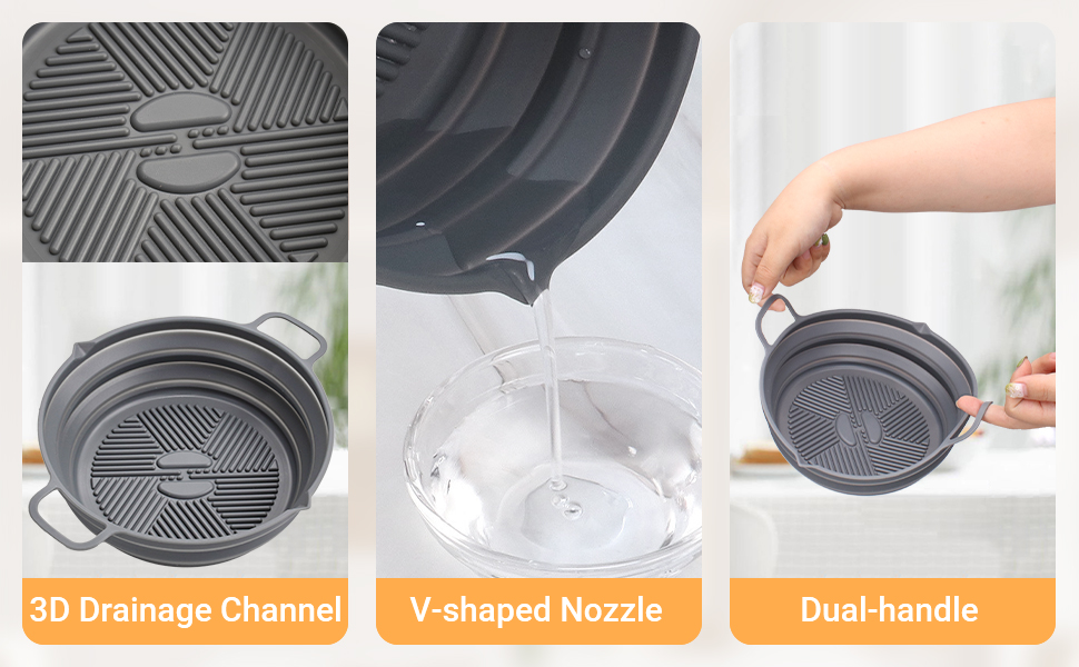 Alyvisun Air Fryer Liner Silicone Reusable Airfryer Basket Foldable Kitchen Pot Accessories Versatile Round Baking Pan for Microwave, Oven (Grey) 15 The 3D drainage channel, V-shaped nozzle and double handle design make cleaning a breeze.