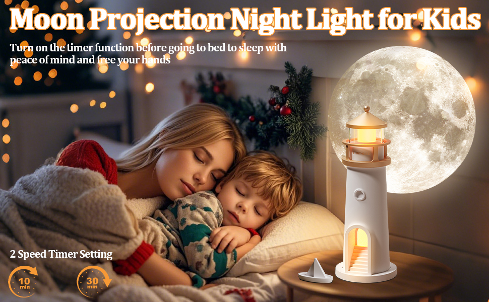 Luz nocturna de proyección de luna para niños con temporizador, sueño tranquilo antes de acostarse, manos libres