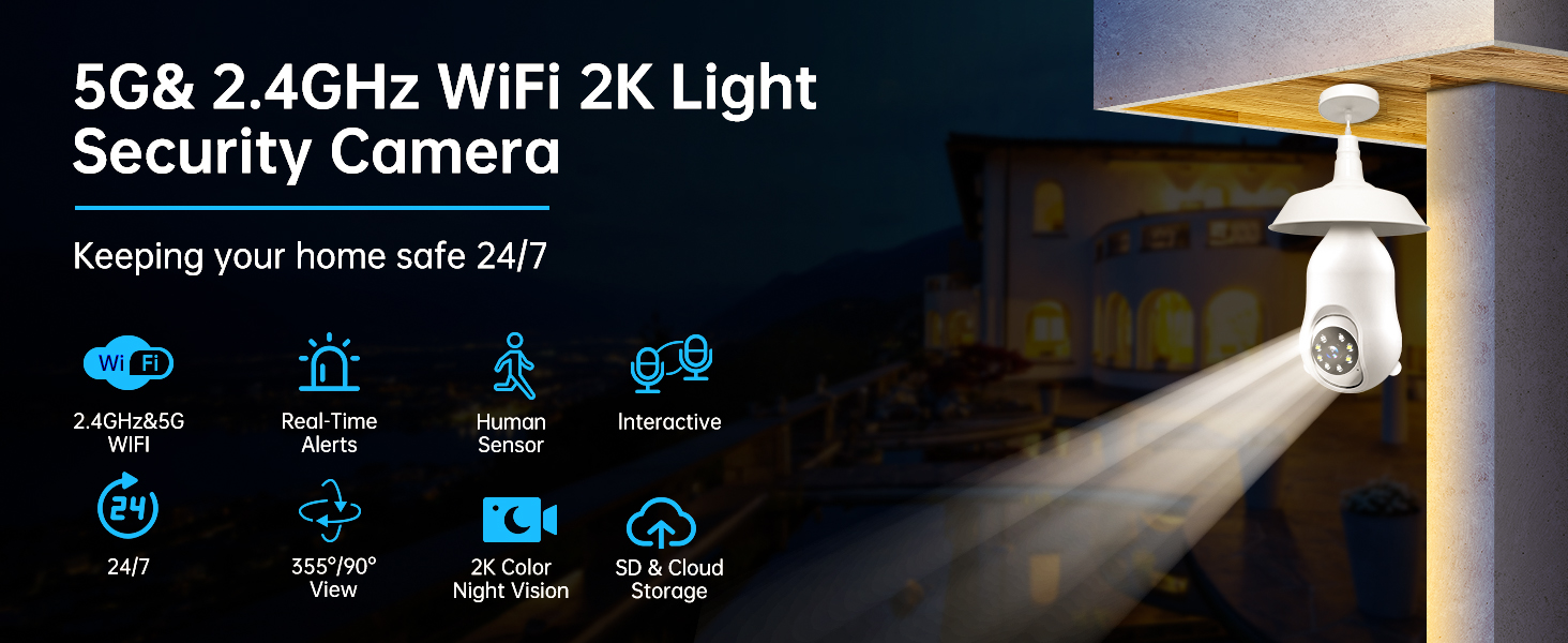Light Bulb Security Camera,5G& 2.4GHz Security Cameras Wireless Outdoor