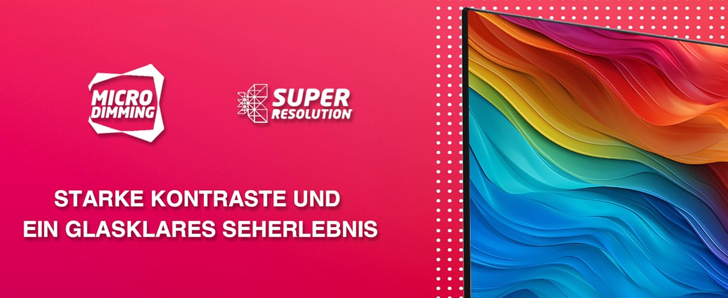 Marketinggrafik mit lebendigen, regenbogenfarbenen Wellenschichten auf rosafarbenem Hintergrund, mit deutschem Text über Kontrast