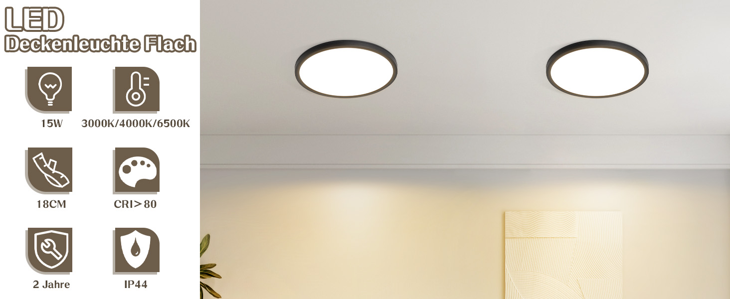Zwei kreisförmige LED-Deckenleuchten an einer weißen Decke mit Symbolen für technische Spezifikationen im Vordergrund.