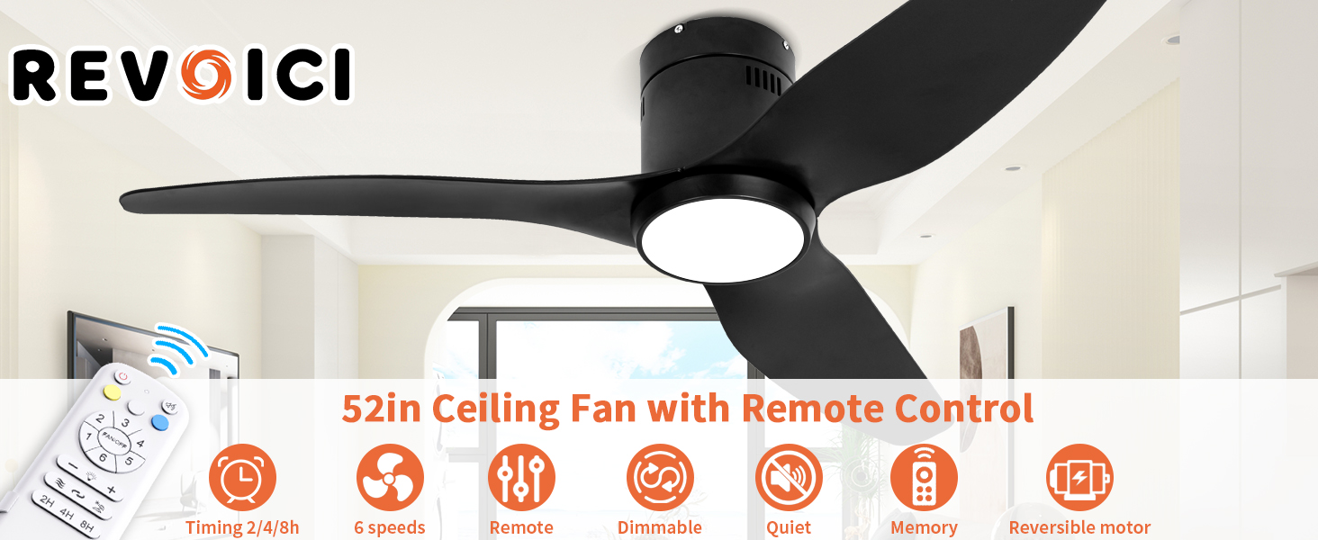 52 Inch Black Plastic ABS Fan Blade Ceiling Fan with Light Remote Control Hanging in Living Room