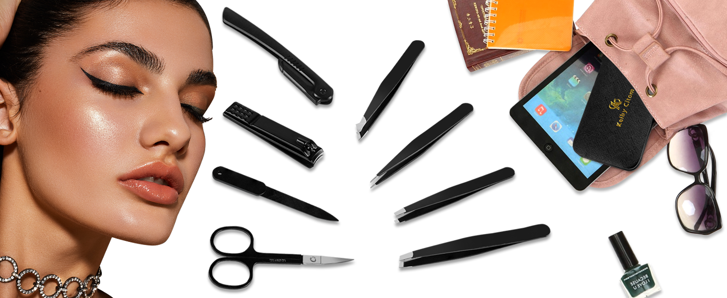 Collection of black makeup brushes and beauty tools arranged in a circular pattern, with accessories and nail polish visible in background.