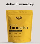 Text reads 'Anti-inflammatory' and 'Turmeric+'. Yellow pouch packaging for turmeric supplement product shown against light background.