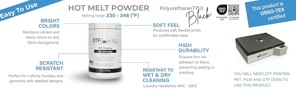Black WIPRIME DTF Powder, Digital Transfer Hot Melt Adhesive for black or dark-colored garments