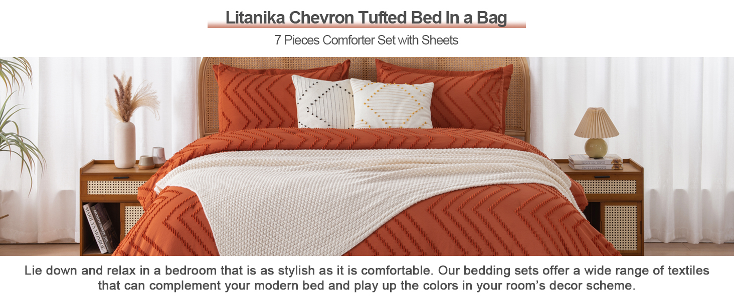 Litanika Burnt Orange Oversized King Bed in a Bag Set - 7 Pieces Boho Tufted Comforter, Sheets, Pillowcases & Shams 24f4f50a 2d26 4188 8782 E74d918560e8. CR0,0,1464,600 PT0 SX1464 V1