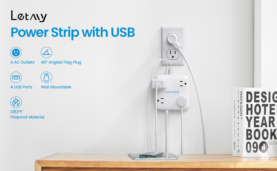 Flat Plug Power Bar with Surge Protector, LETMY USB Power Strip with 4 USB Port & 4 Widely
